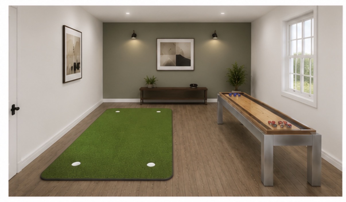 Game room with indoor putting green and shuffleboard table