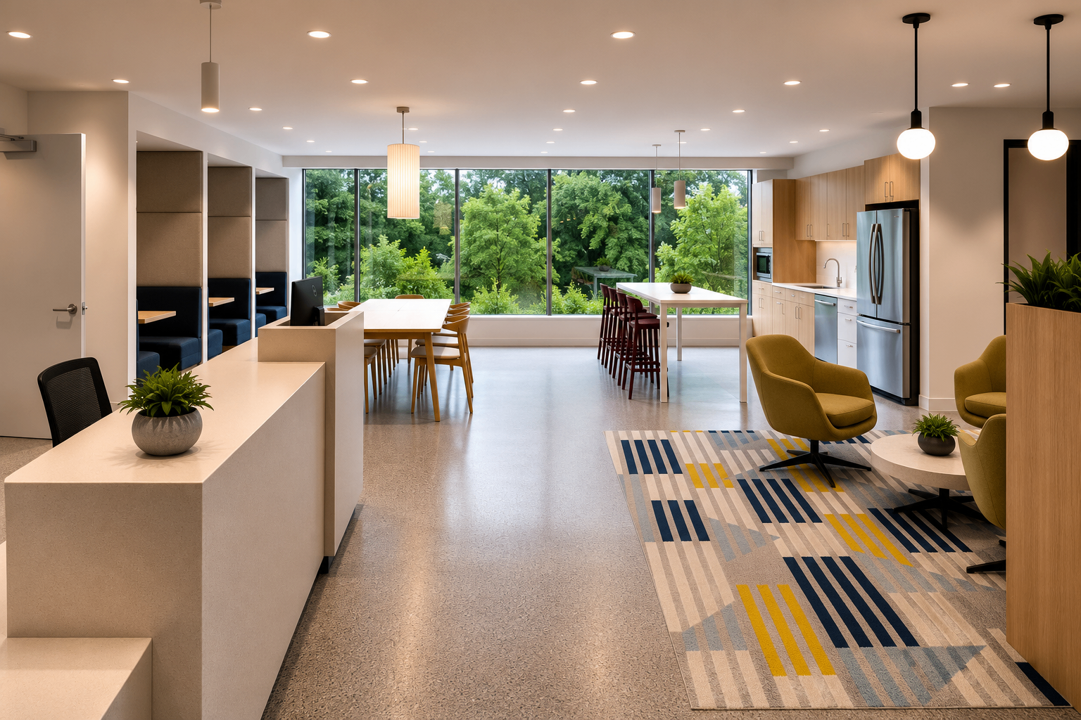 Open kitchen and lounge with mustard armchairs and geometric rug